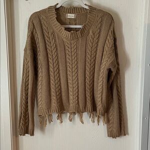 Altar'd State Camel Brown Cable Knit Distressed Fringe Sweater Medium